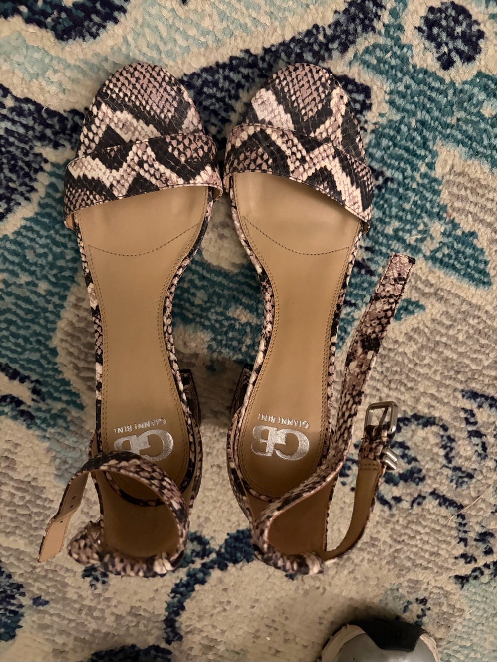 Gianni Bini Snake-Print Open Toe Ankle Strap Heels in Beige and Black